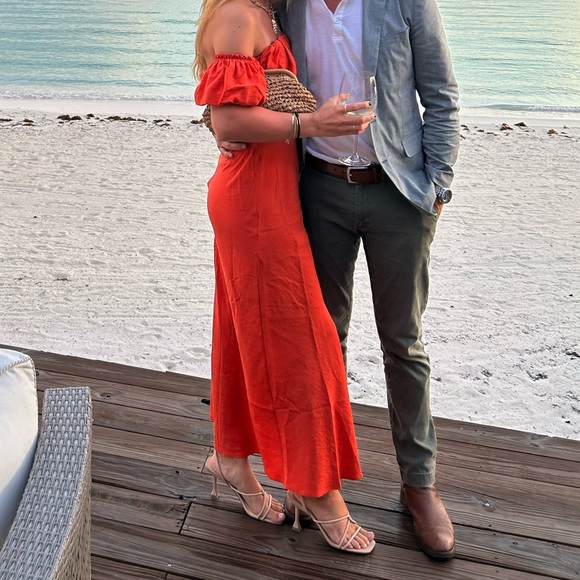 Rust orange / red linen off the shoulder midi dress - Picture 2 of 6